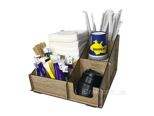 Органайзер-підставка для стаканчиків кави, серветок, трубочок та стиків цукру 7 відділень, дуб